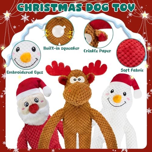 Christmas Dog Toys Squeaky 3-Pack Interactive Puppy Teething Chew Toy Deer Snowman Santa Claus Shape with Crinkle Sound Paper Tail no Stuffed,Keep Them Busy, for Large Medium Small Breeds