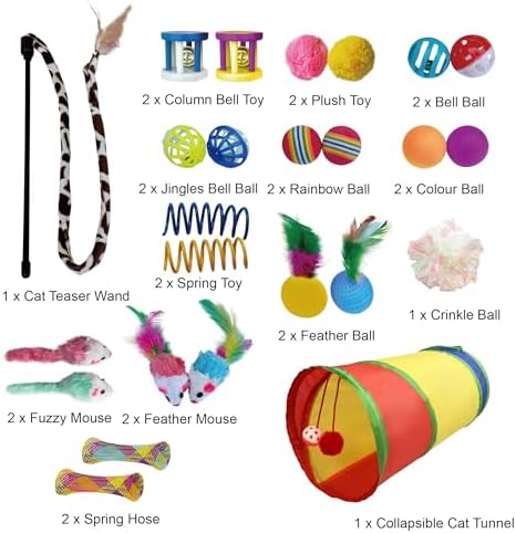PetLike 25pcs Interactive Cat Toys Set Collapsible Cat Tunnel Interactive Feather Teaser Wand,Spring Toys & Balls for Indoor Cats (Rainbow, 25x55cm)