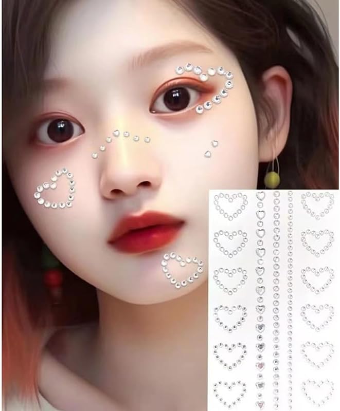Self Adhesive Face Gems Pearls for Makeup,3D Heart Star Moon Shape Jewels Face Rhinestone Sticker for Face, Eye, Makeup, Nail, Body, Craft