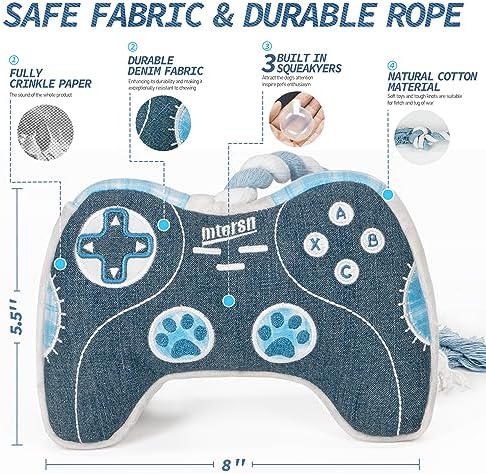 MTERSN Funny Squeaky Dog Toys, Game Controller Plush Toy, Playtime, Denim