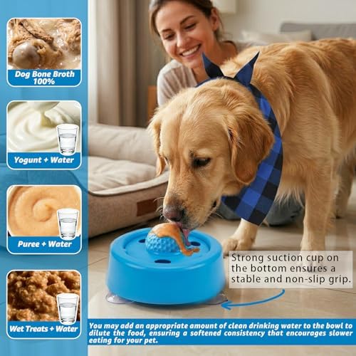 Slow Feeder Dog Bowl with Rolling Ball, Interactive Lick Bowl, Non-Slip, Spatula & Cleaning Brush Set, Anxiety Relief Toy (Light Blue)