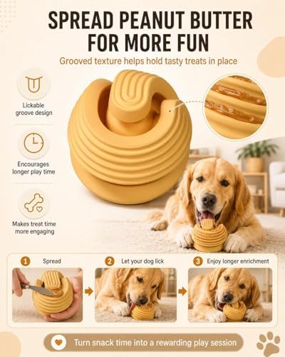 Dog Toy Ball for Aggressive Chewers, Natural Rubber Durable Treat Dispensing Dog Toy with Peanut Butter Grooves, Interactive Dog Puzzle Toy for Boredom, Chew Toy for Dogs