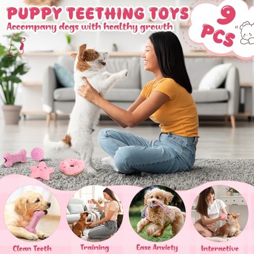 9pcs Pink Puppy Toys for Teething Treat Interactive to Keep Them Busy
