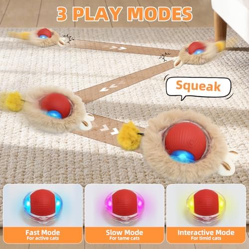 Interactive Cat Toy for Indoor Cats-Hide and Seek Cat Toy with 5-Holes Mat,Automatic Cat Toy Ball with Mouse Squeak in Pouch,Rechargeable Kitten Toy,Motion Activated Ball
