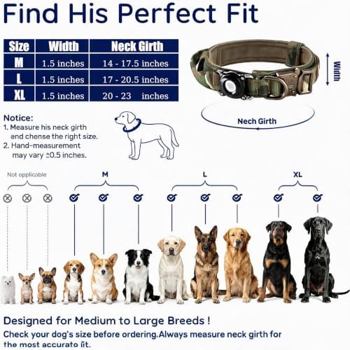 Never Lose Your Dog! AirTag Dog Collar with Waterproof Case | Tactical Collar for Large Dogs Featuring Military Handle & Durable Strap | Secure GPS Tracking for Apple AirTag (Camo, M)