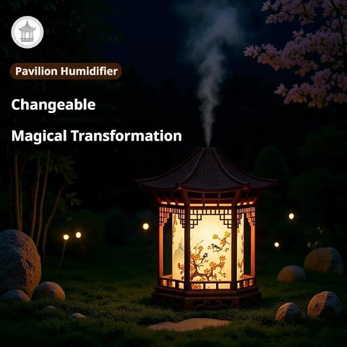 Zen Pavilion Lantern Aroma Diffuser & Night Light,2-in-1 160ml Essential Oil Diffuser with 2 Mist Modes,Zen Garden Humidifier Chinese-Style Decorative Night Light for Yoga, Meditation (Wood Color)