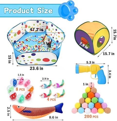 Ball Pit and Tunnel Tent for Cats, with 200 Pom‑pom Balls, 1 Ball Launcher, 8 Bell Balls, 4 Colorful Mice and 1 Saury Fish, Foldable Indoor & Outdoor Cat Activity Center for Interactive Play