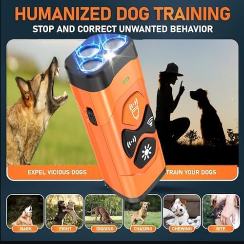 Ultrasonic Dog Bark Deterrent Device – 3X Emitter Rechargeable Anti-Bark Control (25ft Range) with Auto Mode & LED Flashlight, Orange