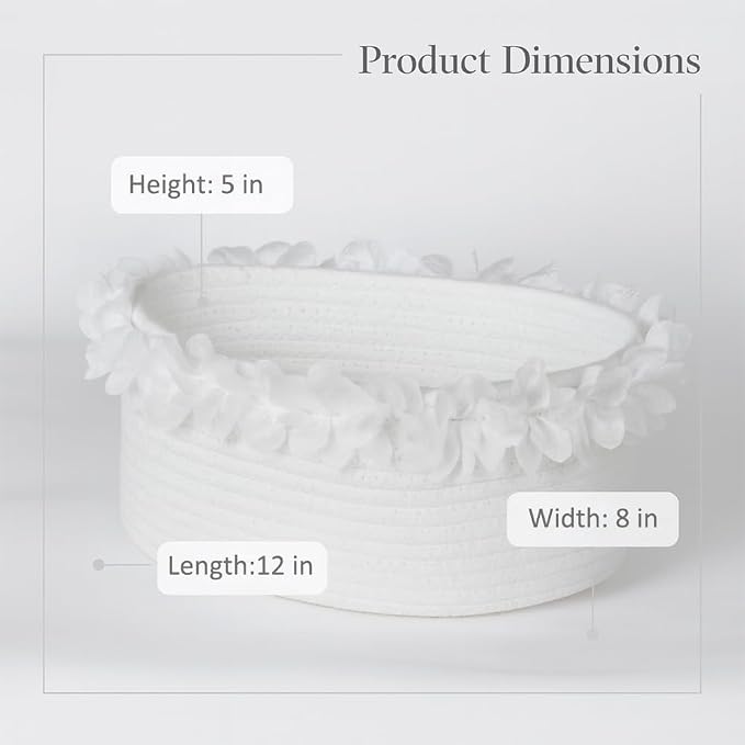 Yimi's Dream White Cotton Rope Gift Basket with Organza Lace, 12 x 8 in | Elegant Decorative Woven Basket for Weddings, Baby Shower, Newborn Photos, Easter, Nursery, Gifts, Toys, and Home Decor