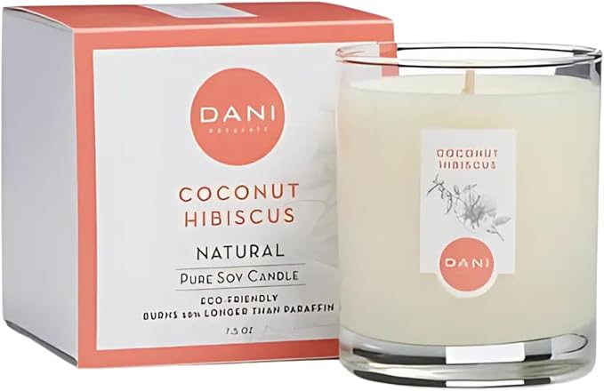 DANI Naturals Coconut Hibiscus 100% Soy Wax Candle, Non-Toxic, 7.5oz | Vegan, soy wax candle,Clean-burning with organic cotton wick,Tropical coconut hibiscus scent,Made in USA