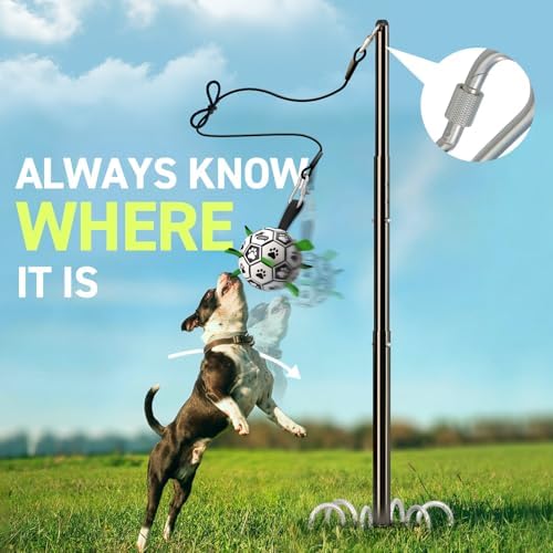QDAN Tether Tug Outdoor Dog Toy, Durable Interactive Dog Toy with Adjustable Pole, Outdoor Toys for Dogs, Soccer Ball, Self-Play & Tug of War Toy for Small Medium Large Dogs