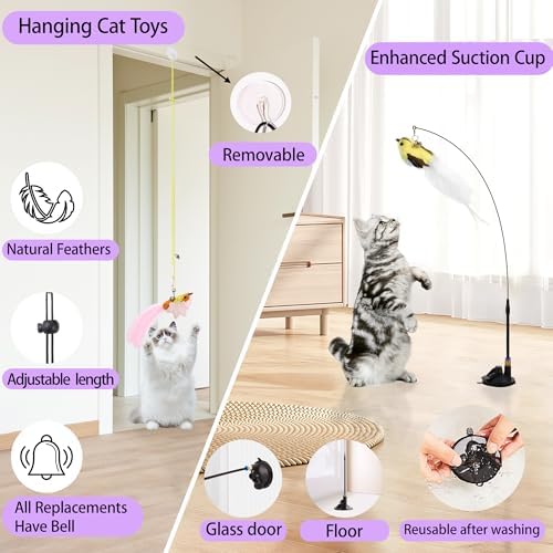 Soarer 3in1 Flying Bird Cat Wand Toys with Suction Cup for Indoor Cat,7Pcs