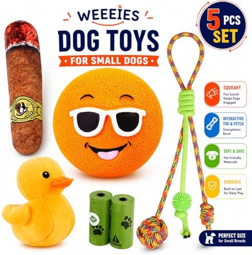 Dog Toys for Small Dogs, 5 Pack Fun Interactive Dog Toy Set with Squeaky Sun Ball, Plush Duck, Funny Plush Cigar, Rope Tug Toy and Waste Bags, Indoor Play Toys for Small Breeds(Orange)
