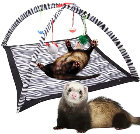 Ferret Play Mat Foldable Fleece Activity Center with Hanging Bell Balls Mice Toys Small Animal Cat Interactive Mat Tent Toy for Exercise Napping Easy Storage (Zebra)