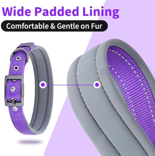 Segarty Reflective Thick Dog Collar for Large Dogs, Adjustable Wide Soft Comfortable Breathable Neoprene Padded Nylon Collar with Heavy Duty Metal Buckle for Large Medium Breeds (L, Purple)