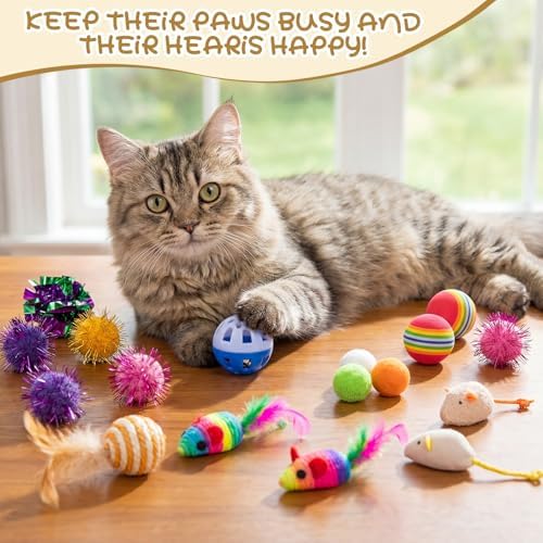 Leitee 100 Pcs Cat Toys Assortment with 1 Gift Storage Bag, Interactive Cat Play Set for Indoor Kitten, Colorful Springs, Mouse Toys, Chew Ropes, Balls, Bells & Sisal Ball