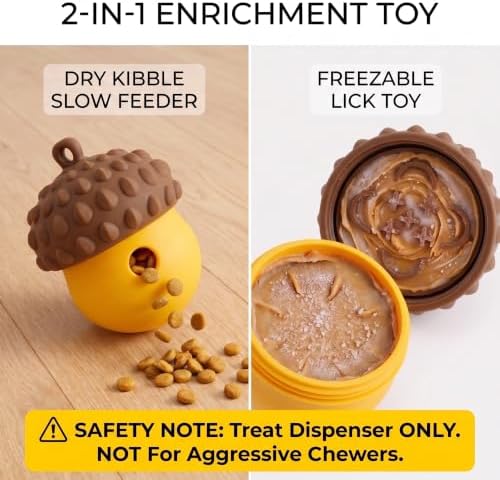Dog Toy Treat Dispenser, Slow Feeder Puzzle (Orange-Yellow) | 2-in-1 slow feeder & freezable lick toy. Twist-open 2-piece easy clean. Food-grade silicone for small & medium dogs.