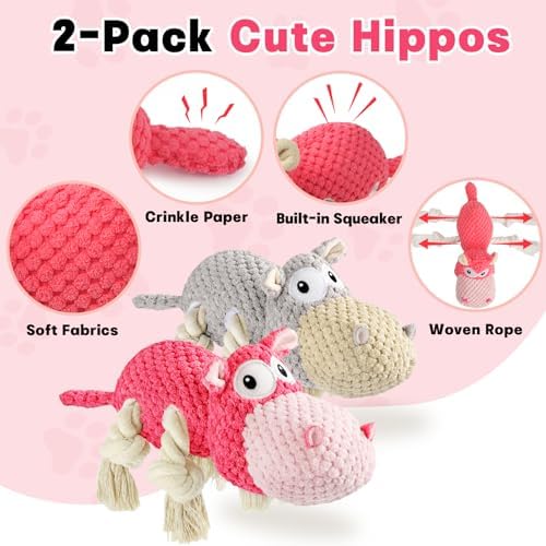 TOOPTATE 2-Pack Squeaky Hippo Dog Toys, Gray & Pink, Medium