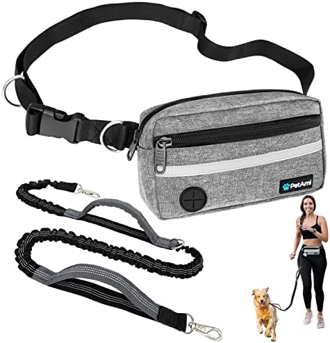 PetAmi Hands Free Dog Leash Waist Belt Bag Fanny Pack, Single, Heather Grey