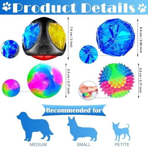 Sumind 4 Pieces Light up Squeaky Dog Balls LED Flashing Light up Ball for Aggressive Chewers Glow in the Dark Flashing Ball Pet Squeaky Toy Bounce Activated Toy for Medium Small Dogs Gift