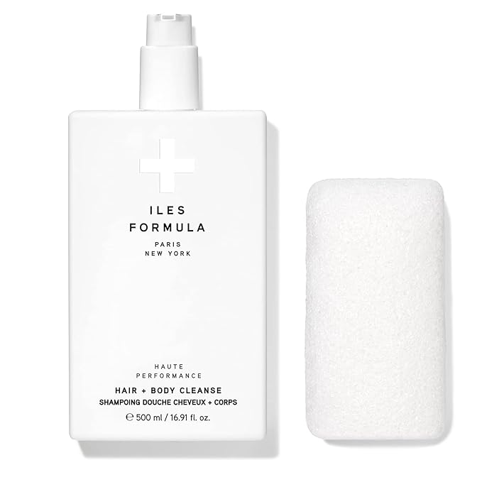 ILES FORMULA Haute Performance Hair + Body Cleanse + Natural Sponge - Gently Cleanse & Nourish Hair + Body, Sulfate, Silicone & Paraben Free, 500 ML
