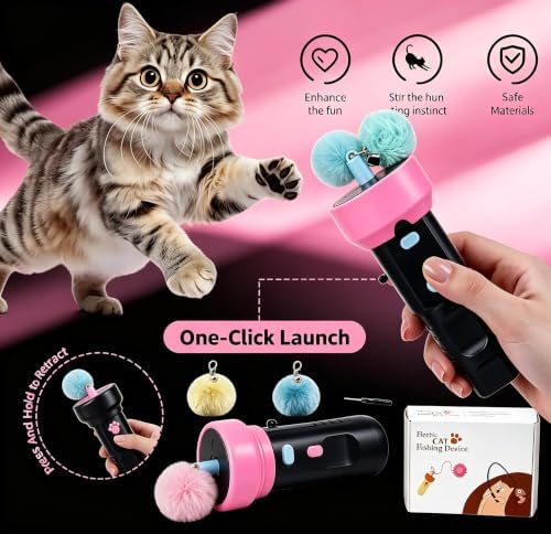 Electric Cat Fishing Toy, Type-C Recharge Interactive Teaser Entertainment Toy for Kitten, One-Click Pop Out & Auto Retractable Cat Wand Toy with Soft Balls, Kitten Teaser Toys for Indoor Cats (Black)