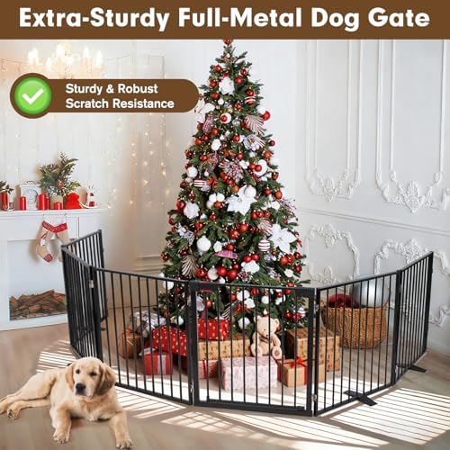 156" Extra Wide Dog Gate, Heavy Duty Metal Freestanding Dog Gate with Door for Indoor & Outdoor, Foldable Pet Fence for Doorways,House,Porch,Deck,Yard,Stairs, Auto Close(6 Panels,Black)