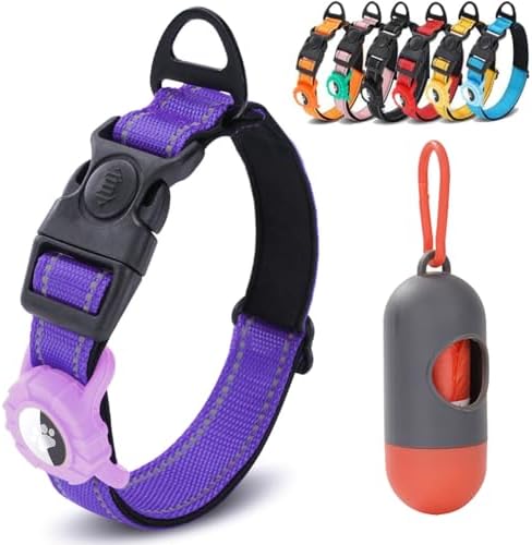 JSXD AirTag Dog Collar, Night Reflective Nylon Dog Collar for Small Medium Large Dogs,Lockable Quick Release Buckle,Padded Breathable Pet Collar with AirTag Holder (Purple, Small(9.4"-12.6"))
