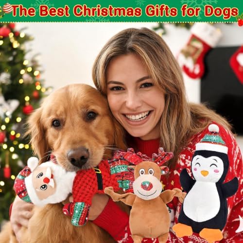 3 Pack Christmas Dog Toys,Christmas Squeaky Interactive Dog Toys with Crinkle Dog Gifts for Puppy, Small, Medium, Large Dogs