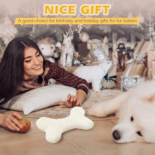 Poen 6 Pcs Bone Shaped Plush Squeaker Dog Toy Small Medium Dogs White