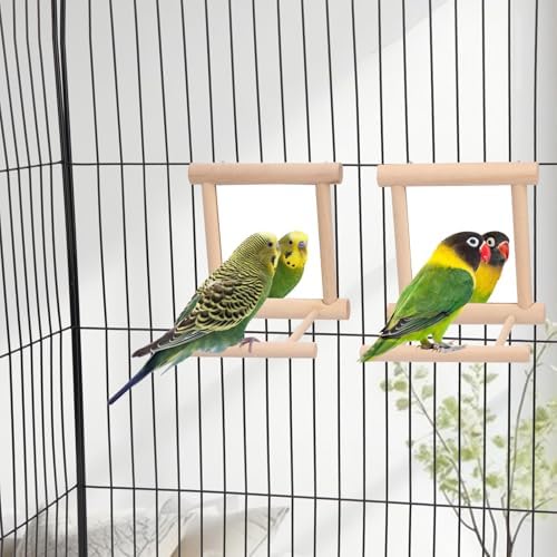 Wontee Bird Mirror with Perch for Parakeet Cage Bird Toys (2pcs-Wood Color)