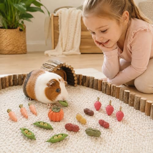 HERCOCCI 15Pcs Guinea Pig Chew Toys, Hamster Toys Prevent Excessive Teeth Growth Natural Vegetables Carrot & Timothy Grass for Guinea Pig Rabbit Chinchillas Gerbil