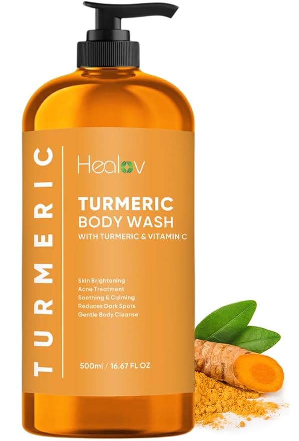 Healov Turmeric Body Wash – Skin Brightening Soap for Dark Spots, Hyperpigmentation – Exfoliating Turmeric Face Wash Reduces Acne, Scars, & Cleanses Skin – Natural Bath Liquid Soap