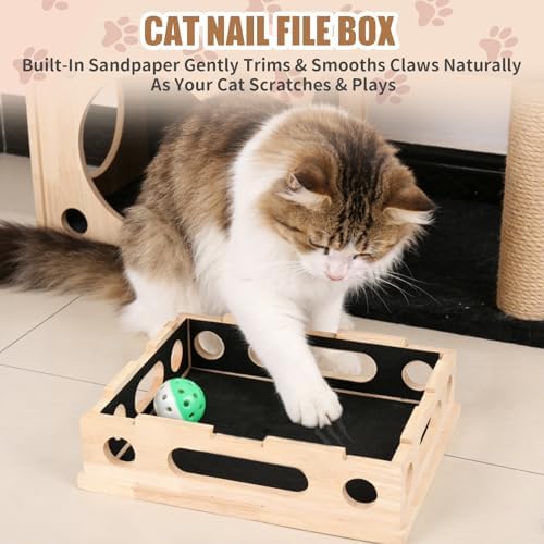 Cat Scratch Puzzle Enrichment Box, Wood Interactive Cat Toy with Sandpaper