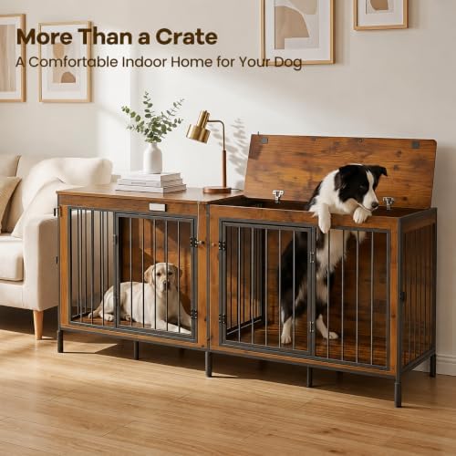 78" XXL Dog Crate Furniture for Medium and Large Dogs, Wooden Indoor Dog Kennel with Removable Divider, Flip-Top Opening, 3 Doors, Indoor Dog Crate Cage House for Home
