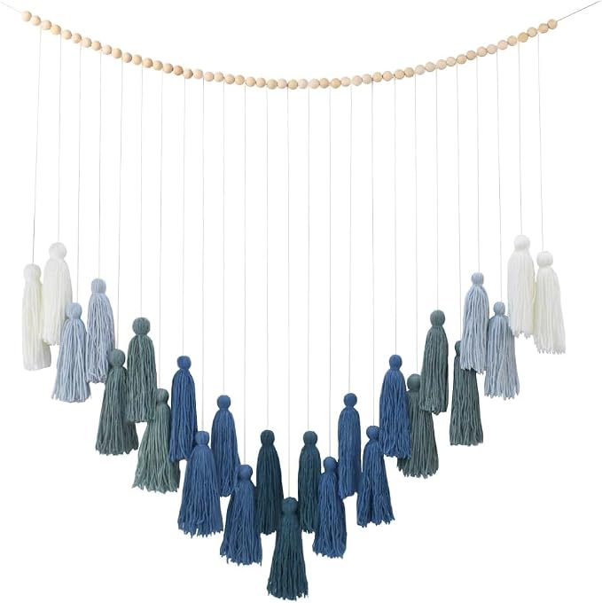 DrCor Ombre Green Boho Macrame Garland Wall Hanging Decor | Handmade yarn banner for classroom, reading corner, dorm and farmhouse styling. Pre-assembled, reusable, eco-friendly.