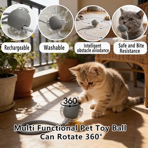 Interactive Smart Wake Pet Ball with Teaser Tail for Cats & Dogs(Gray)