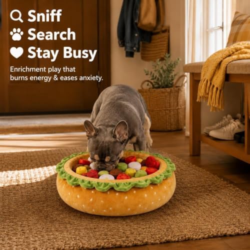 3-in-1 Hamburger Shaped Pet Bed, Funny Snuffle Mat Interactive Foraging Toy, Detachable Vegetable Food Pieces Enrichment Dog Bed, Round Pet Rest Bed for Small Medium Dogs Indoor Daily Use