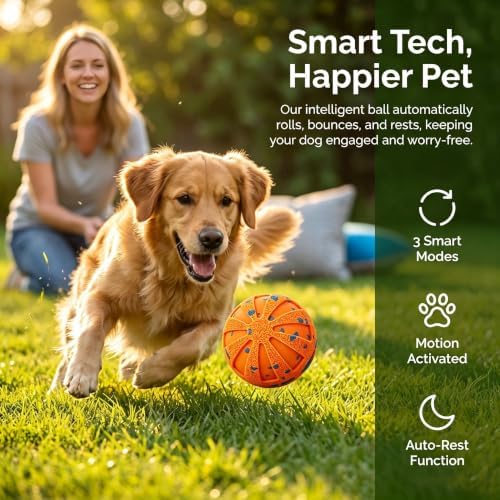 Smart Interactive Dog Toy Wicked Ball Automatic Moving Bouncing Rotating Active Rolling Ball 3 Modes Chew Resistant E-TPU Dog Ball IPX7 Waterproof Electric Puppy Toy for Small Medium Large Dogs Orange
