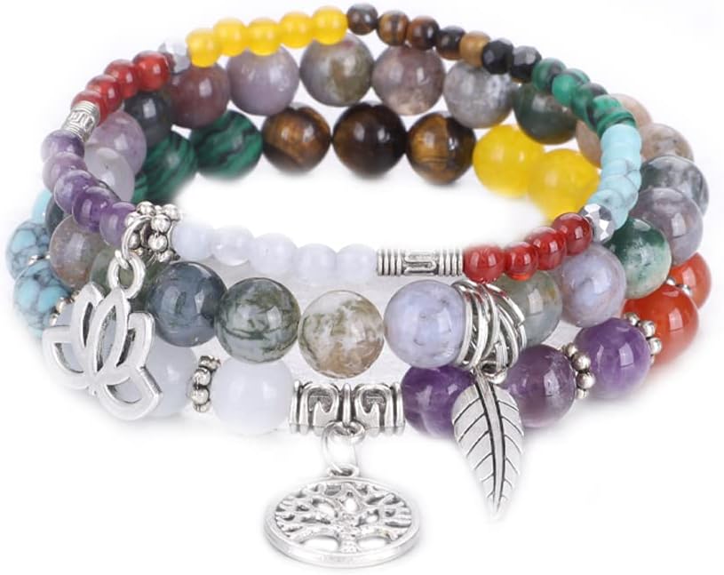 UEUC Tree of Life Yoga Healing Stone Bracelets,Multilayer Lotus Chakra Stone Reiki Bracelet Sets,Anxiety Crystal Natural Stone,for Women Stress Relief