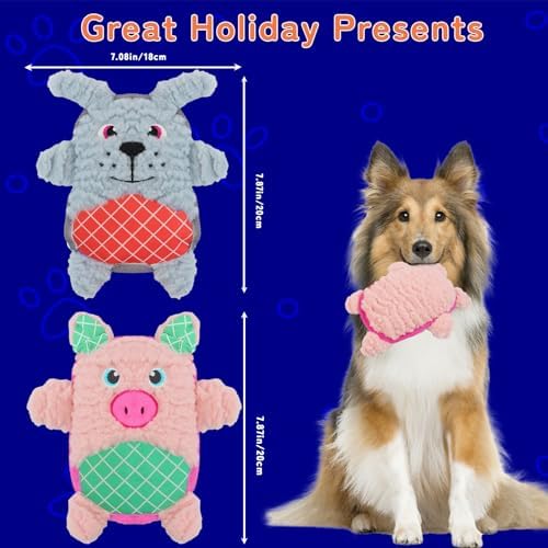Crinkle Dog Toys Squeaky Plush No Stuffing Cute Puppy Stuffless Tough Rop Pull Toy, Fun Dog Stuffed Animals Durable Chew Set for Small Medium Large Pup (Large, Pink Pig+Blue Dog)