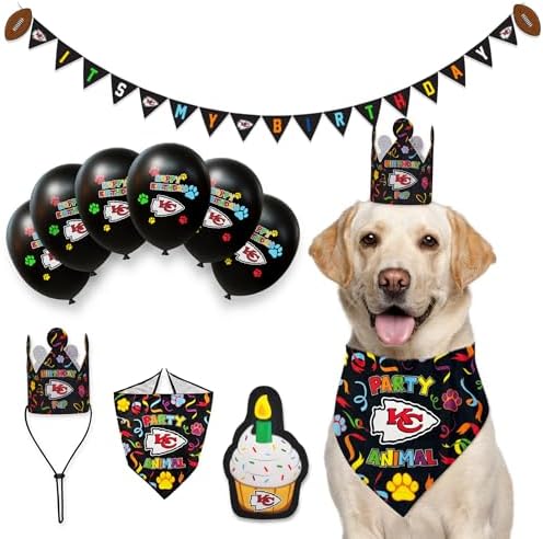NFL Kansas City Chiefs Birthday Party Banner Licensed Football Team Dog & Cat Birthday Decoration, NFL Dog Birthday Party Set and Costume, Football Fan Pet Party Supplies, Team-Themed Pawty Celebration Backdrop for Birthday Photos