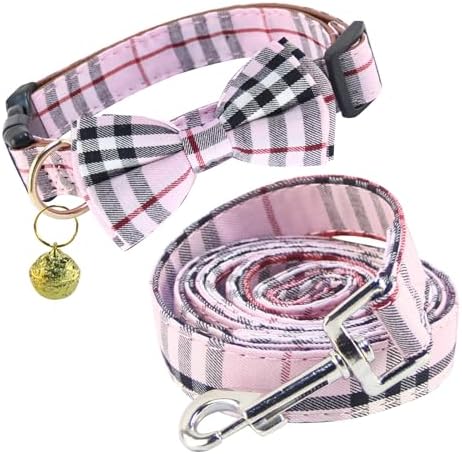 Yizepet Dog Collar and Leash Set-Plaid Puppy Collar with Bow Tie - Adjustable pet Collar for Dogs with Bell, Stylish Pattern for Small Medium or Large Boy and Girl Dog