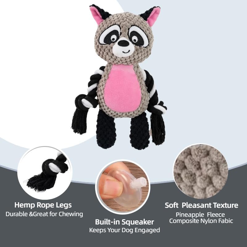Raccoon Plush Dog Toy with Squeaker, Crinkle Paper & Rope for Small Dogs
