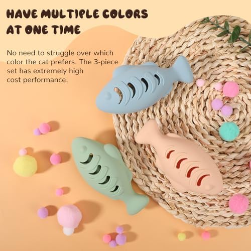 Fish Shape Cat Toys, 3 Pcs Food-Grade Silicone Kicker for Indoor Cats, Could Be Filled with Catnip or Cat Food, Interactive Toys for Kittens and Adult Cats