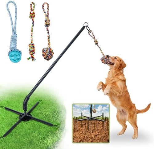 Tether Tug Outdoor Dog Toy, Interactive Exercise Game for Yard & Park with 3 Rope Toys for Tug of War, Pull Chase and Solo Play for Large Medium Small Dogs