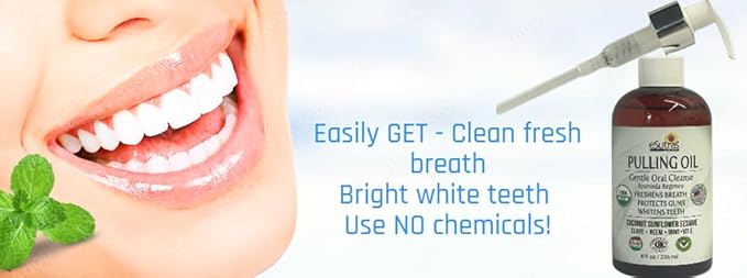 eSutras Pulling Oil Pure Herbal Mouthwash Organic Coconut Sesame Sunflower Oils + Mint Neem Clove Safely Whitens Teeth Refreshes Breath Strengthens Gums