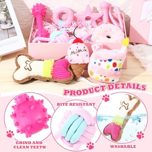 RoundFunny 11 Pcs Dog Birthday Toy Gift for Dog Birthday Cake Puppy Girl Boy Squeak Toys Interactive Puppy Gift with Box for Small Medium Size(Classic,Pink)
