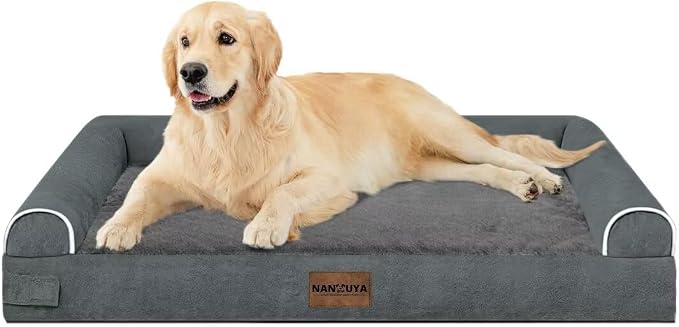 Orthopedic Dog Bed for Large Dogs, 36 x 27 Inch, Dark Grey | Egg crate foam for joint support, 3-sided bolster pet sofa, waterproof lining, washable cover, and non-skid base