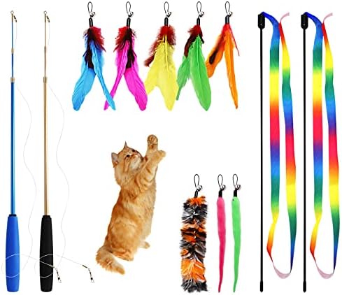 12PCS Interactive Kitten Toys, Retractable Indoor Cat Wand Toys with Replacement Teaser, Rainbow Ribbon and Make Exercise by Sunshinetop